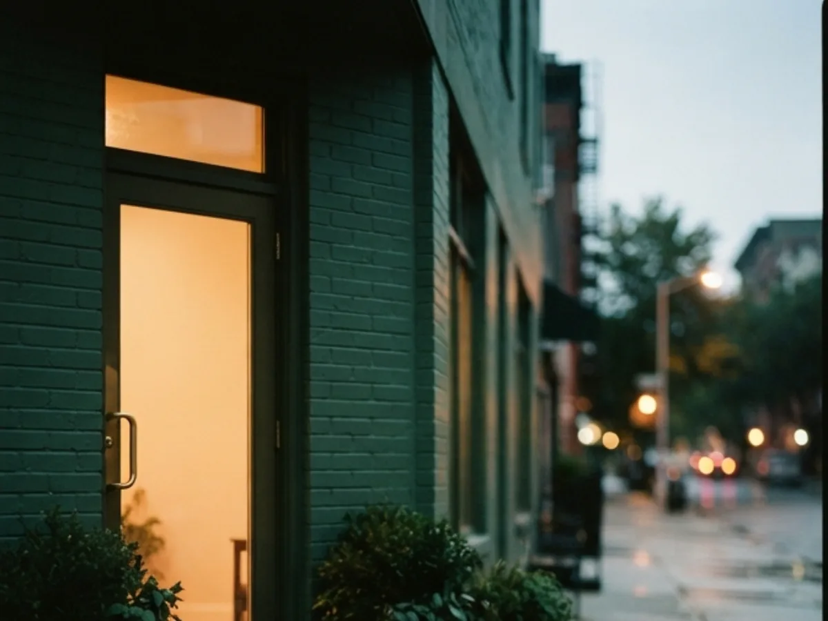 Fachada de uma clínica de bairro ao anoitecer, com porta de vidro iluminada e vasos de planta na calçada.